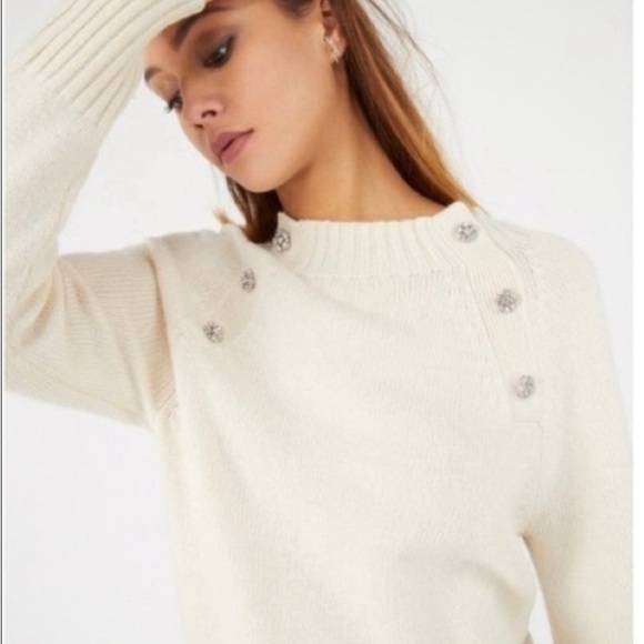 J.Crew Cream Knit Jeweled Button Front Pullover Sweater Wool Blend Cozy Casual - Picture 1 of 11